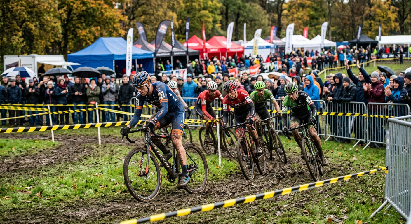 Cyclocross racers cornering on a muddy taped course