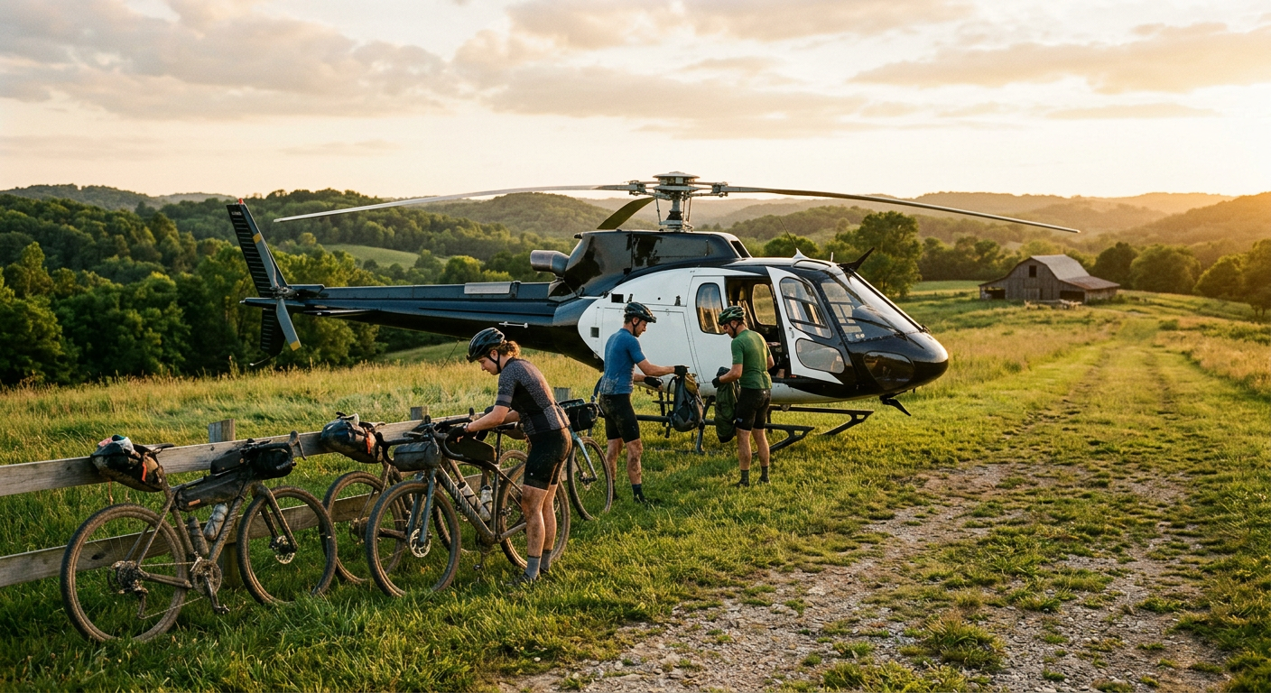Helicopter landed in a field with gravel bikes nearby