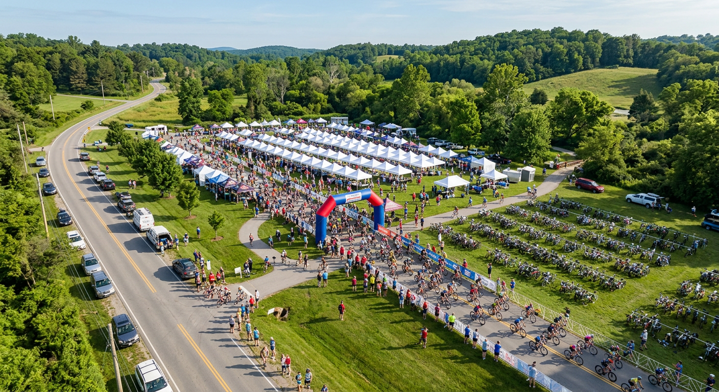 Aerial view of a cycling event venue with tents and a start/finish arch